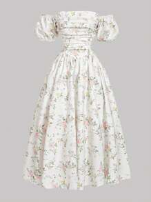 Girlism Teen Girl's Open Shoulder Puff Sleeve Ditsy Floral White Mid-Length Tea Party Dress,Boho Clothing,Easter Dress,Holiday Family Outdoor Spring Picnic Everyday Wear,Suitable For Various Occasions,Music Festival Bridesmaids Dress,,Suitable For Parties, Weddings, Garden Events, Commuting Elegance,,Shopping, Suitable For Weddings,Birthday Parties,Dances And Bridesmaids Occasions - Multicolor - View 5