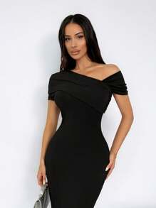 SHEIN SXY Đầm thường ngày màu trơn dài thêm cho nữ, thích hợp cho mùa hè - màu đen - Xem 6