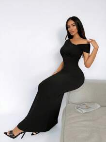SHEIN SXY Đầm thường ngày màu trơn dài thêm cho nữ, thích hợp cho mùa hè - màu đen - Xem 4