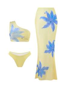 Swim Vcay 度假村女式三件套印花坦基尼泳衣，包括单肩上衣、下装和长裙，海滩派对风格 - 黃色 - 查看 2