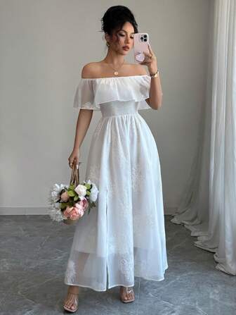 Rafferiza 女士纯色露肩开衩至大腿优雅连衣裙