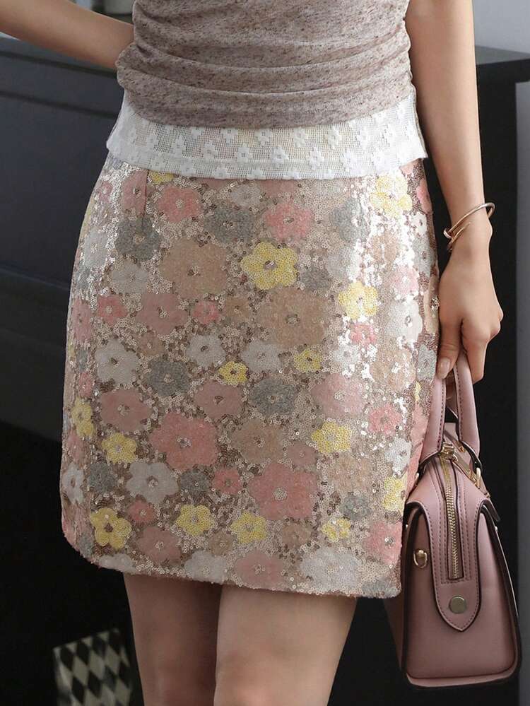 Floral Print & Sequins A-Line Mini Skirt, Casual Summer Vacation Women Skirt