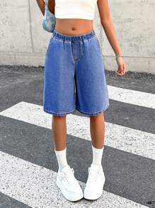 SHEIN Teenager Mädchen Frühling Sommer Lässig Elastischer Bund Weite Weiche Denim Lang Denim Shorts, Mädchen Sommer Strand Boho Urlaub Konzert Rave Outfits