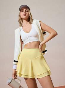 CourtClass CourtClass Damen Hoher Bund einfarbiger Skort, geeignet für Sport, Yoga, Laufen, Tennis Rock - Gelb - Übersicht 4
