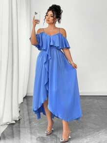 Elenzga Plus Size Elegant Solid Color Off-Shoulder Strap Dress For Summer Fall Cloth For Women - Dusty Blue - View 3