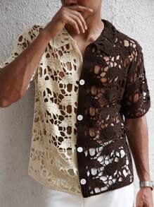 Manfinity Homme Men's Contrast Color Front Button Sheer Casual Short Sleeve Crochet Knit Shirt, Men's Crochet Shirt, Open Knit Shirt Men, Men's Lace Shirt, Men's Summer Shirts