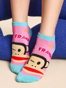 Paul Frank X SHEIN 3 Pairs Women Breathable Moisture-Wicking Pink Cartoon Cute Ankle Socks With Reinforced Toe & Heel, Durable, Suitable For All Seasons, Print,Monkey - Multicolor - View 6