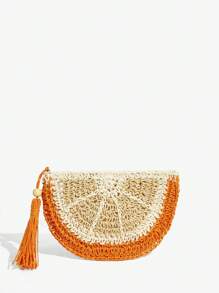 SHEIN SXY 女士手拿包，草编包，时尚优雅，简约个性，百搭，柠檬造型，水果造型，适合海滩、度假、节日、夏季、海边 - 橘色 - 查看 2