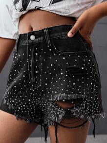 Ragazze pre-adolescenti Y2K Primavera Estate Rottura Pantaloncini di jeans mini basic con vita alta, strass e orlo grezzo, Pantaloncini da spiaggia boho per ragazze per vacanze estive, Outfit casual da concerto e festival estivi, Outfit da brunch estivo, chiesa e laurea per ragazze, Streetwear, Outfit per il ritorno a scuola
