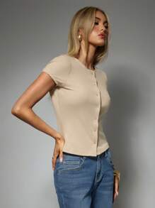 Forever 21 女式简约纯色纽扣短袖衬衫，夏季 - 卡其色 - 查看 7