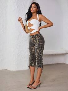 SHEIN Tall Women's Leopard Print Cargo Pocket Side Drawstring Casual 7/8 Length Jeans - Yellow - View 4