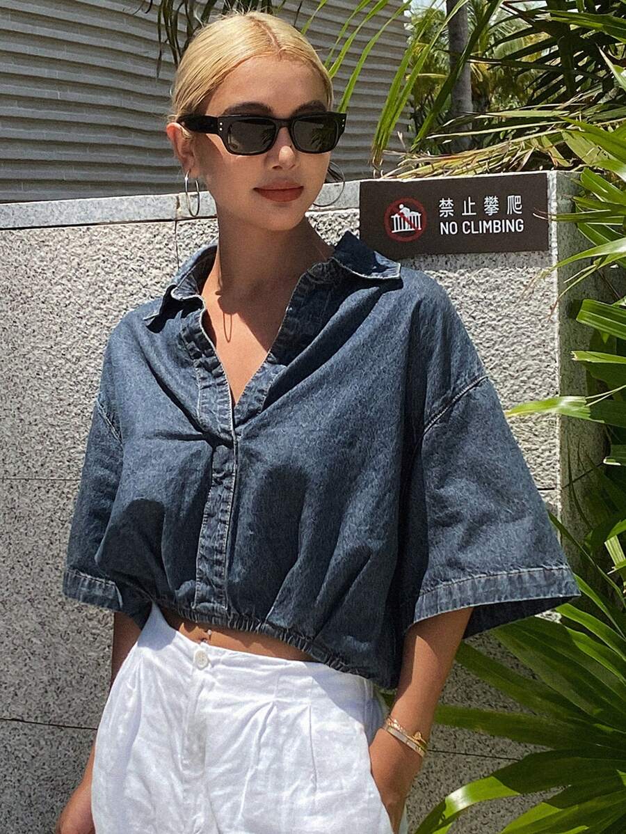 Livesso Women Summer Turn-Down Collar Short Sleeve Elastic Waist Crop Loose Casual Street Style Denim Blouse - Medium Wash - View 1
