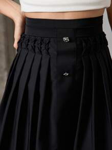 Heiryn Women's Solid Color Button Design Pleated Short Skirt, Elegant - Black - View 6