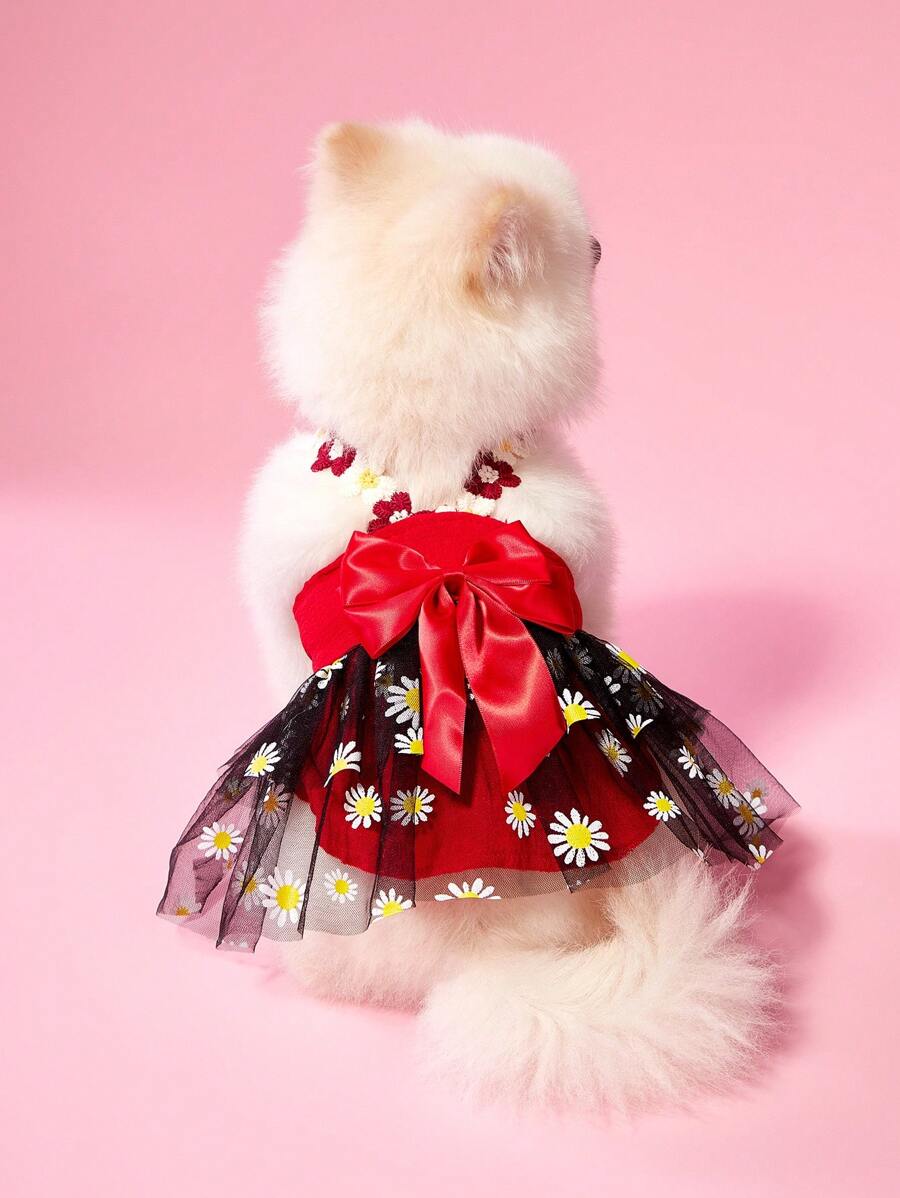 PETSIN 1 件可爱雏菊蕾丝边黑色网眼泡泡布领结连衣裙，甜美可爱的宠物狗连衣裙 - 彩色 - 查看 1