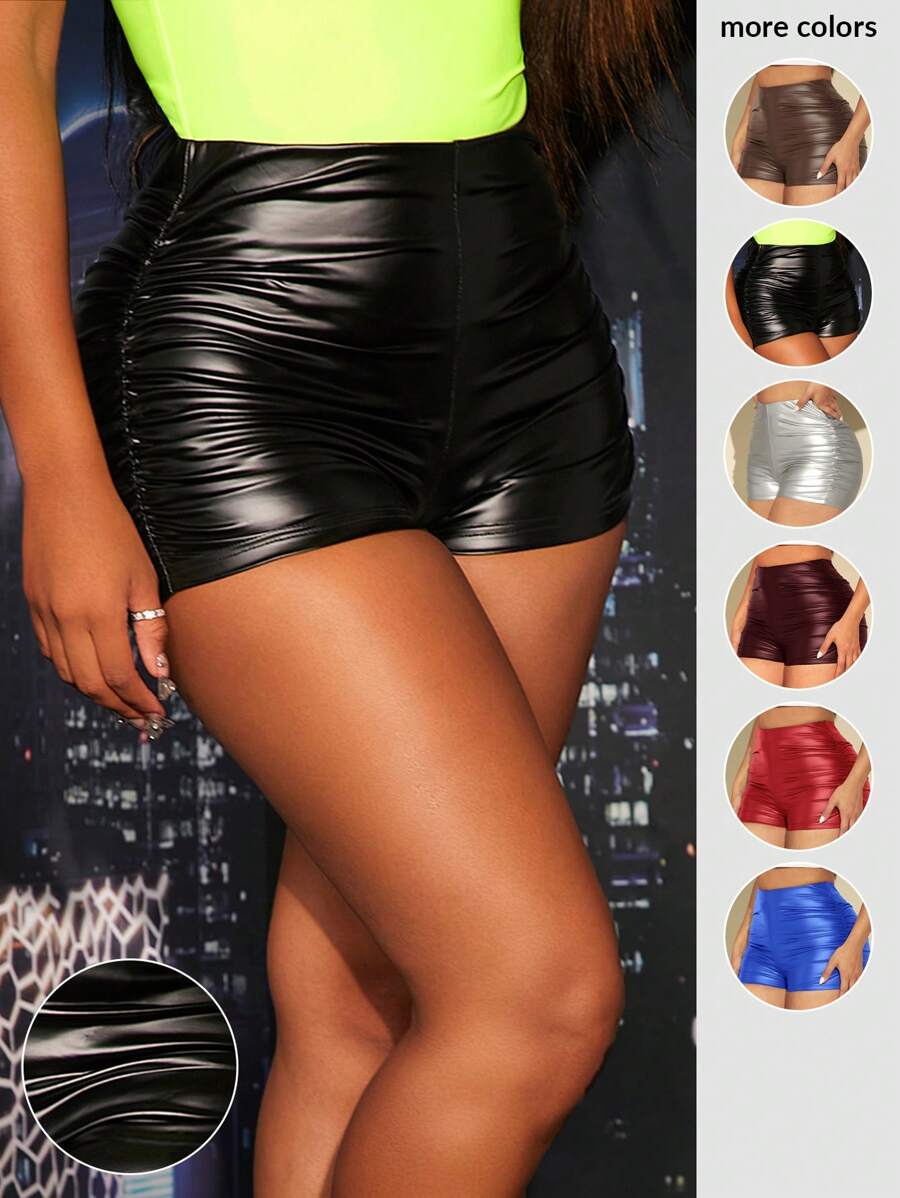 SHEIN SXY Solid Ruched PU Leather Shorts - Black - View 1