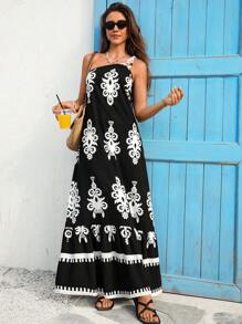 Vivid Eden Women's Retro Bohemian Print Sleeveless One Shoulder Holiday Loose Maxi Dress,Summer Vacation Outfits,Beach Festival ,Black N White,Boho - Multicolor - View 4
