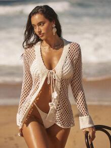 Anewsta Sophisticated Elegant Mature High-Quality Fluffy Net Long Cover Up For Summer Beach Vacation - Apricot - View 1
