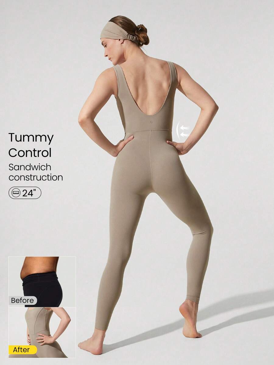 GLOWMODE Bộ đồ liền thân thể thao tập yoga hở lưng FeatherFit™ 24" mùa hè thanh lịch cho nữ - Màu Khaki - Xem 1