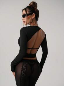 SHEIN ICON Damen schwarzes hautenges langärmliges Top mit Cut-outs an Vorder- und Rückseite und Schlitz, sexy