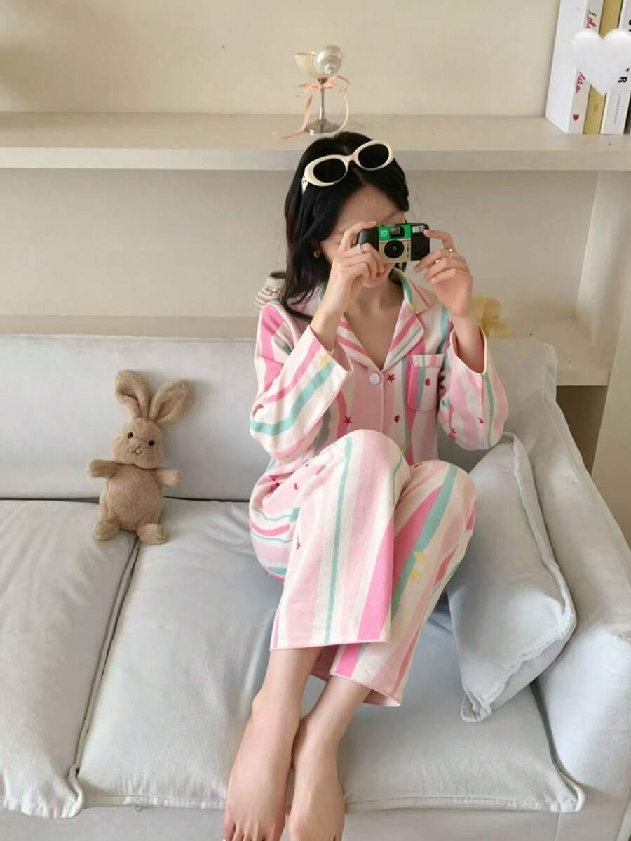 2 Stücke SchulTween Mädchen Pyjama Set, apricotfarbener süßer Schmetterling Muster Lange Hose & Langarm, Lässig Homewear für Tween Mädchen - Verschiedenfarbig - Übersicht 1