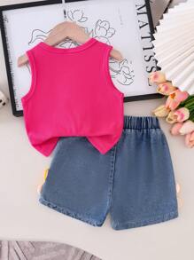 2 Stücke Kleinkind Mädchen Set mit rosa geripptem Träger-Top und blauen Denim-Shorts, Blumen Stickerei Verzierung, lebendiges & süßes Sommer Urlaubsoutfit - Heißes Pink - Übersicht 2