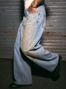 AXEPEAK Multiple Size Men's Fashionable Streetwear Rhinestone Embellished Wide Leg Straight Denim Jeans - Blue - View 1