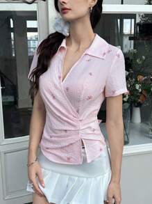 SHEIN MOD Women's Shirt With Bow Polka Dot Print Bubble Chiffon Stripe - Pink - View 4