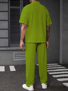 Manfinity Homme Men's Knitted Fabric Polo Top And Pants Set - Green - View 2