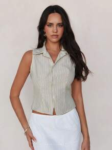 Roylia Striped Shirt Collar Cardigan, Fitted Sleeveless Cropped Shirt - Khaki - View 6