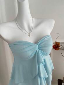 Sweetra Romantic Versatile Double Layer Ruffle Twist Crop Top - Blue - View 4