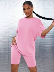 SHEIN SXY Drop Shoulder Solid Top & Biker Shorts Set