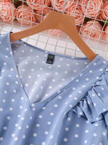 SHEIN CURVE+ Plus Size Women's Casual Polka Dot Print Ruffle V-Neck Blouse, Summer, Summer Tops - Blue - View 3