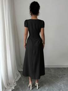 Elenzga Vestido midi elegante de mujer con manga abullonada, cuello redondo, cintura marcada y silueta estilizada, ideal para paseos, vacaciones y tardes de té, en primavera/verano