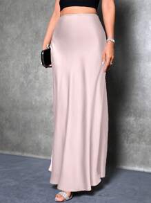 SHEIN Tall 女士优雅纯色塔夫绸半身裙，夏季，女士夏装半身裙 - 淺粉色 - 查看 3