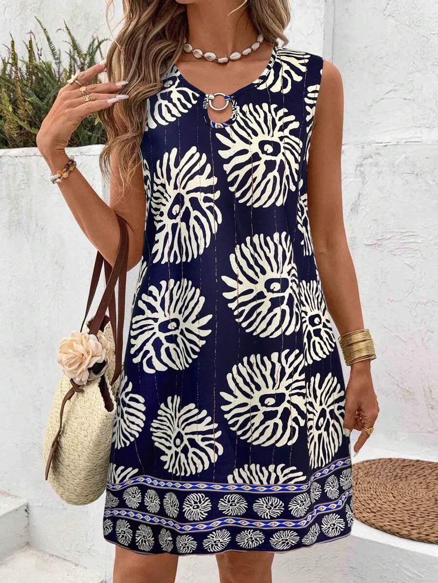 SHEIN LUNE 女式 U 领金属环装饰 A 字下摆复古印花休闲度假无袖连衣裙，夏季 - 藏蓝色 - 查看 1