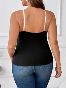 SHEIN Clasi Plus Size Women Spaghetti Strap Tops, Summer Black Lace Patchwork Cami Top Contrast Color Cami Top Versatile For Layering - Black and White - View 3