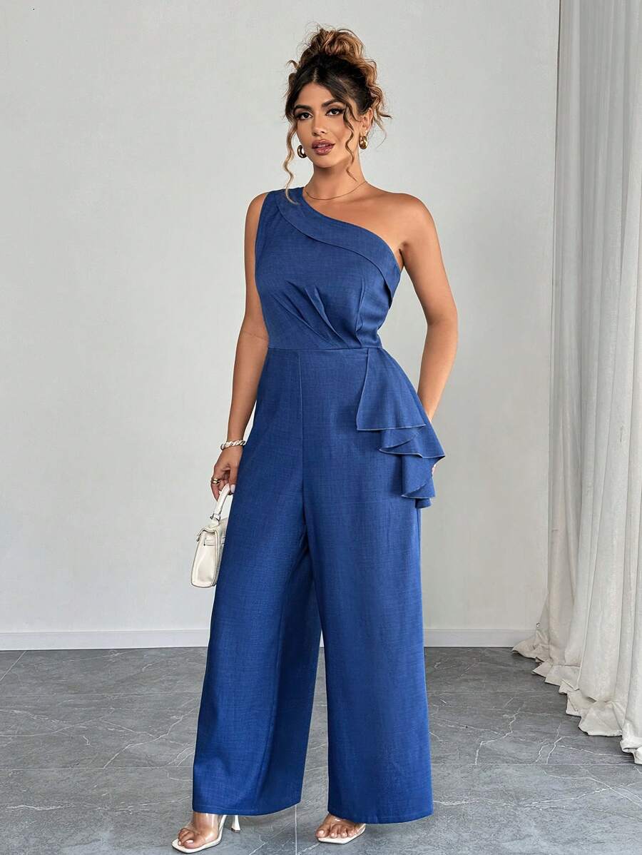Elenzga Plus Size Women Spring/Summer Elegant Dignified Ruffle Hem Oblique Shoulder Collar Wide Leg Long Jumpsuit - Blue - View 1