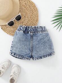 سروال جينز قصير مزين بالكشكشة للبنات الصغار، تصميم فضفاض، مطرز بالأزهار واللؤلؤ، أنيق وكاجوال للارتداء خارج المنزل، بنمط عذب، سروال جينز للبنات - أزرق فاتح - مشاهدة 2