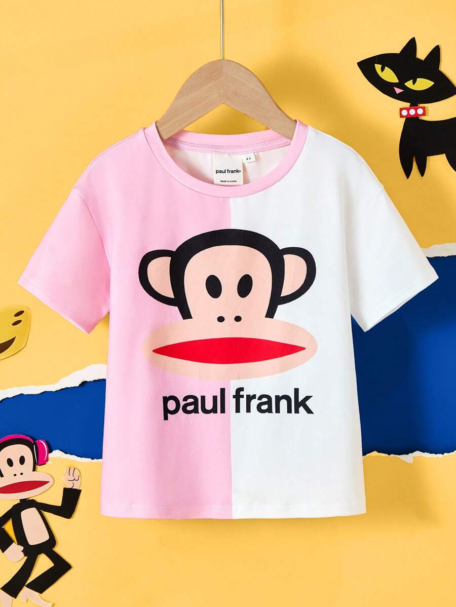 Paul Frank X SHEIN 年轻女孩卡通粉色和白色可爱猴子印花休闲短袖落肩T恤 - 彩色 - 查看 1