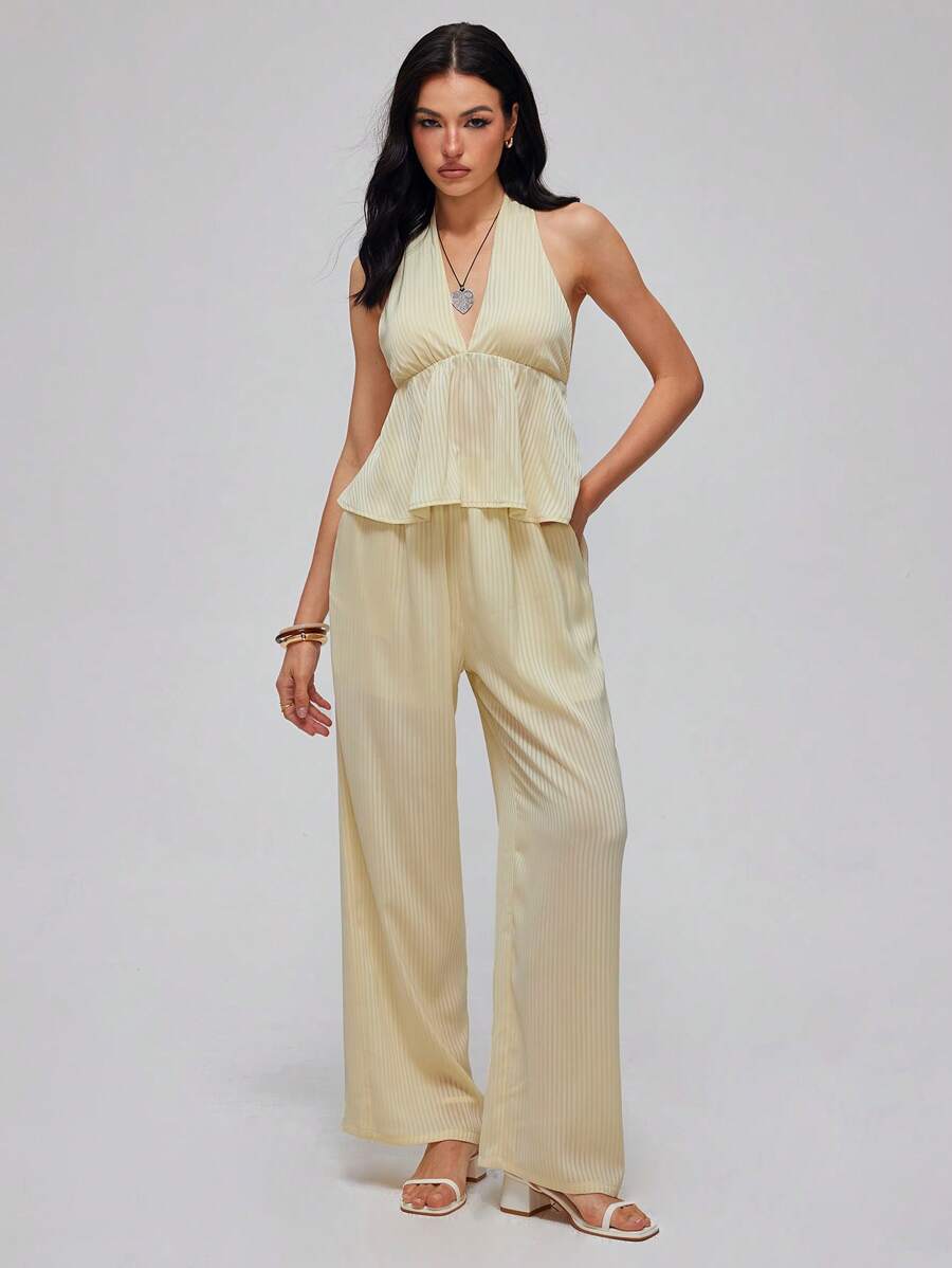 Roylia Vacation Casual Style Halter Top & Wide Leg Striped Pants Set For Women - Yellow - View 1
