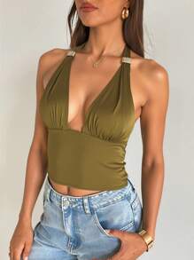 Aloruh Elegant & Sexy Olive Green Halter Neck Tie-Up Decor Button Women's Tank Top