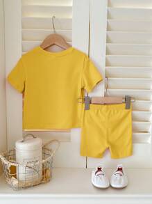 SHEIN Leap Crew Bộ quần short tay ngắn tối giản thường ngày cho bé gái, phù hợp cho mùa hè - Màu vàng - Xem 2