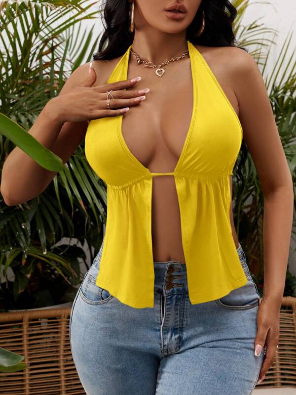 SHEIN SXY Schwarzes Top mit Schlitz vorne, rückenfrei, geknoteter Nackenträger für den Sommer