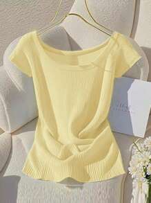 Franclia 新款简约百搭优雅修身U领纯色套头衫，适合春夏季女士 - 黃色 - 查看 5