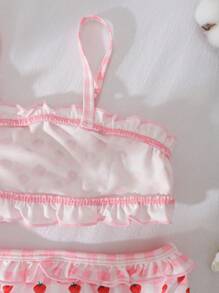 Young Girl Strawberry Print Ruffle Trim Camisole Bra And Panty Set - Pink - View 3