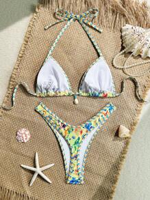 SHEIN 2pcs/Set Women Beach Summer Holiday Outfits, Random Tie-Dye Textured Fabric Top With Shell Pendant Necklace And High Cut Swimwear Bottoms, Bohemian Bikini - Multicolor - View 2