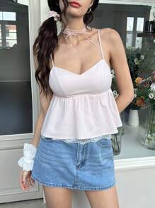 SHEIN MOD Top de verano para mujer con encaje en contraste de color rosa - Rosa - Ver 5