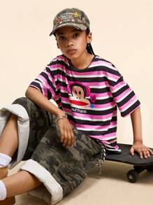Paul Frank X SHEIN 青少年女孩卡通猴子印花条纹 Y2K 休闲短袖 T 恤