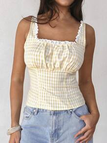 Roylia Women's U-Neck Plaid With Yellow Contrast Ruffle Trim Camisole, Versatile , Square Neck Top - Yellow - View 6