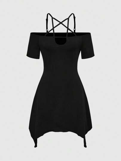 Goth Gothic Sexy Off Shoulder Star Pattern Lace-Up Mini Dress For Women